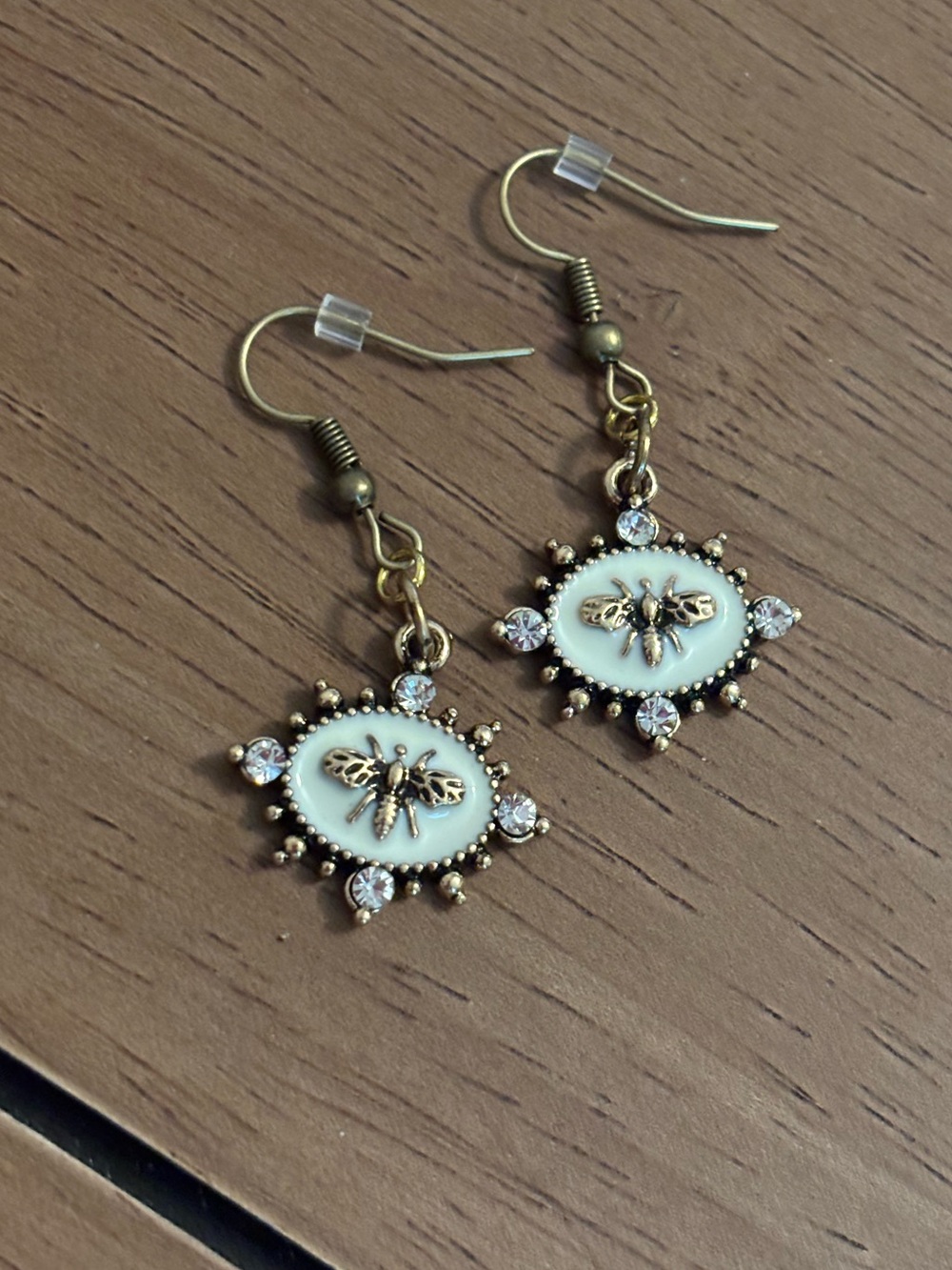 Gold Bee Oval Drop Earrings in Cream Enamel